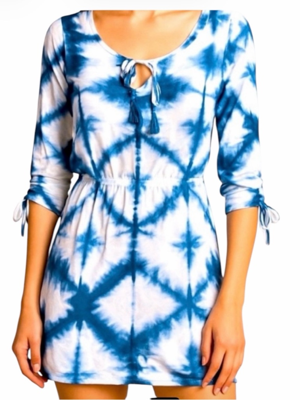 Venus Navy White Tie Dye Rayon Stretch Tassel  Keyhole Mini Dress Size XL